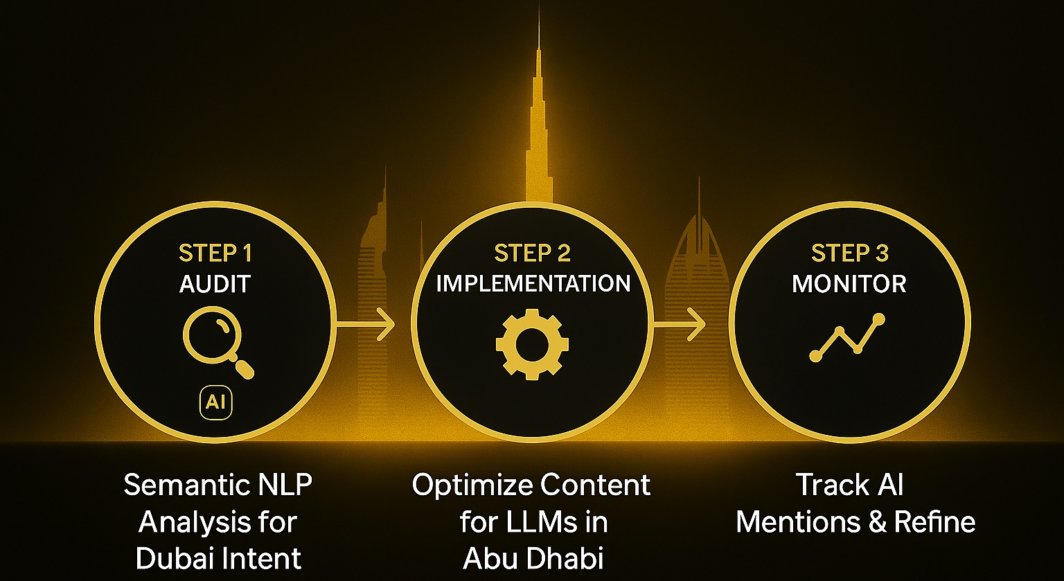 LEO LLM Engine Optimization process steps - Comprehensive AI-ready content audit, strategic implementation, and continuous monitoring for enhanced online performance in UAE